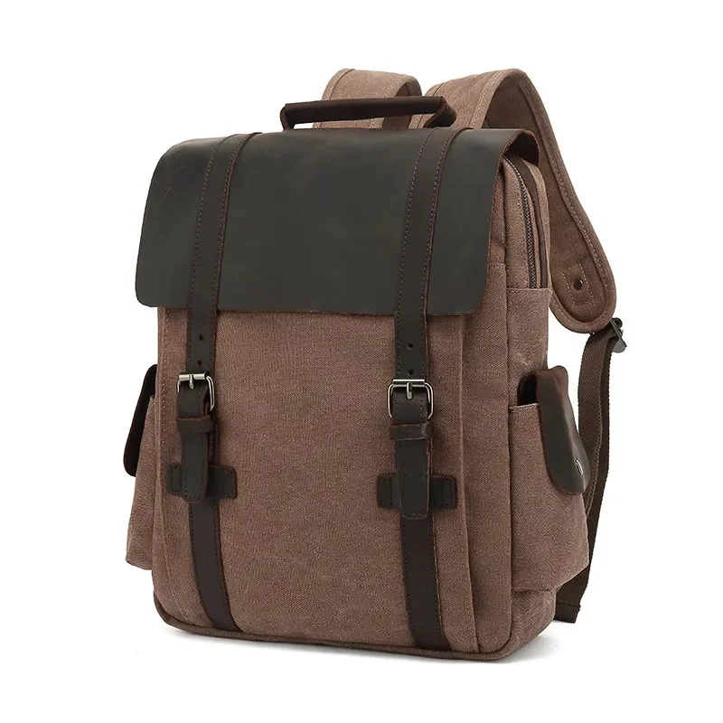 

New Fashion Backpack Leather Canvas Men School Bag Military Women Rucksack Male Knapsack Bagpack Mochila