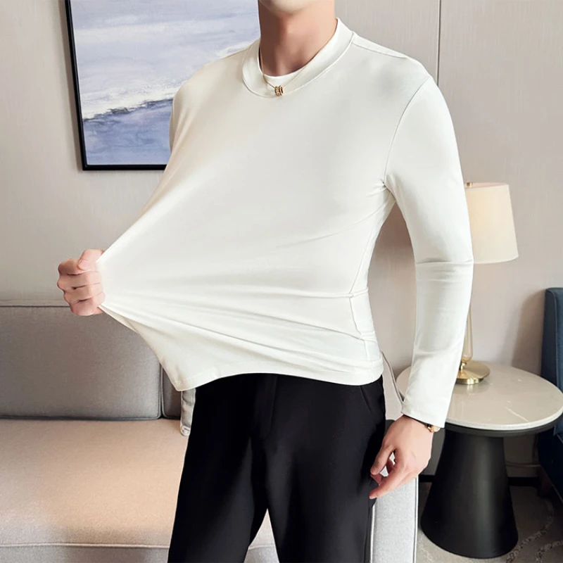 Stretch solid color long-sleeved O-neck T-shirt men's daily slim comfortable base shirt autumn.M-4XL