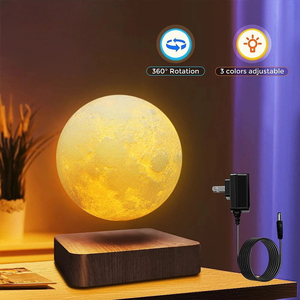 

Levitating Moon Magnetic Floating Night Light, 3 Colors Temperature, Creative Table 3D LED Lamp with Wooden Base for Gift Office