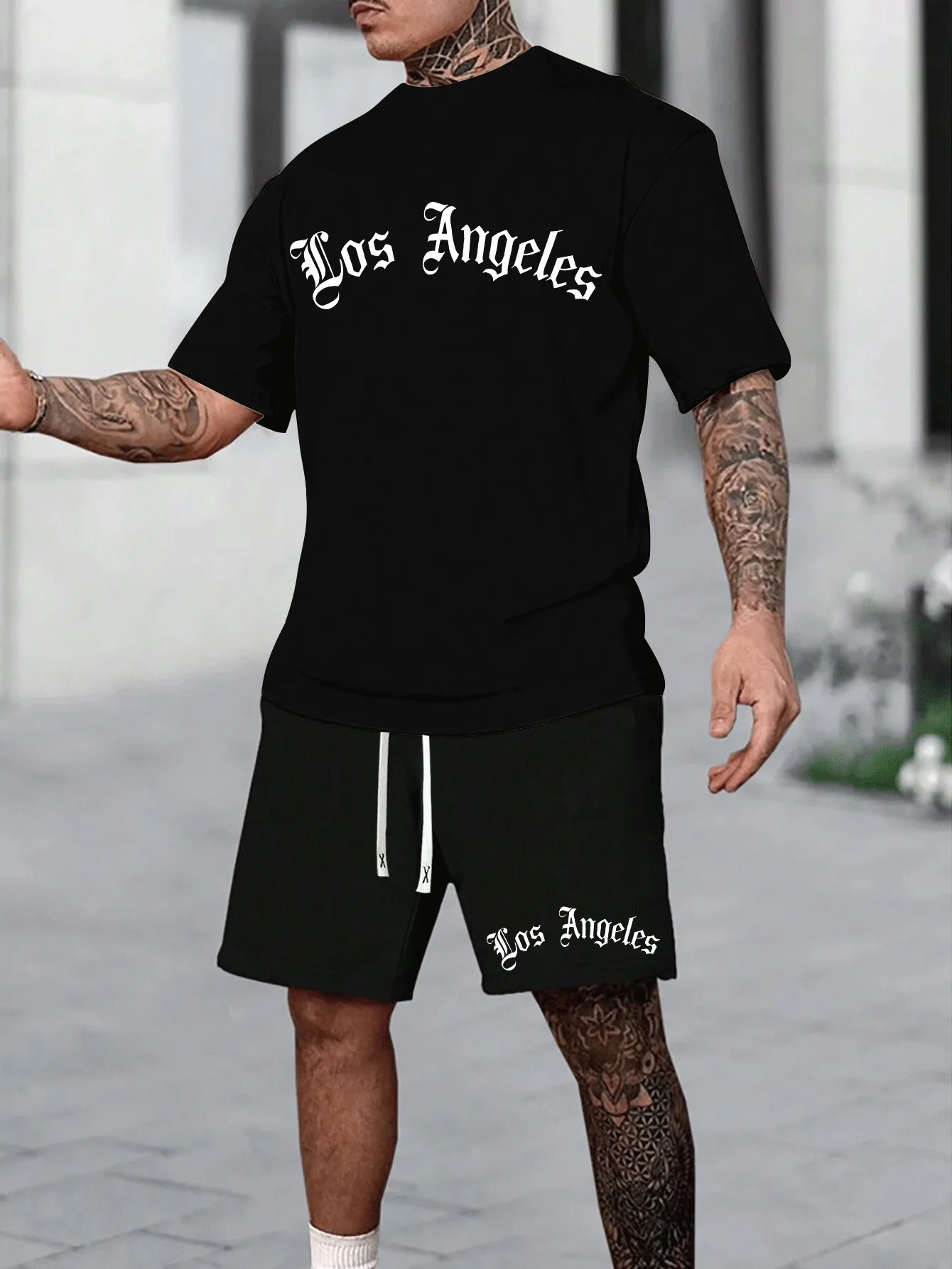 Men's Casual Los Angeles Letter Print Comfortable Short-Sleeve T-Shirt and Shorts Set Cool and Comfortable Summer Clothing Set