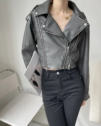 FTLZZ Spring Autumn Women Faux PU Leather Jacket Casual Lady Lapel Zipper Short Jacket Motorcycle Coat