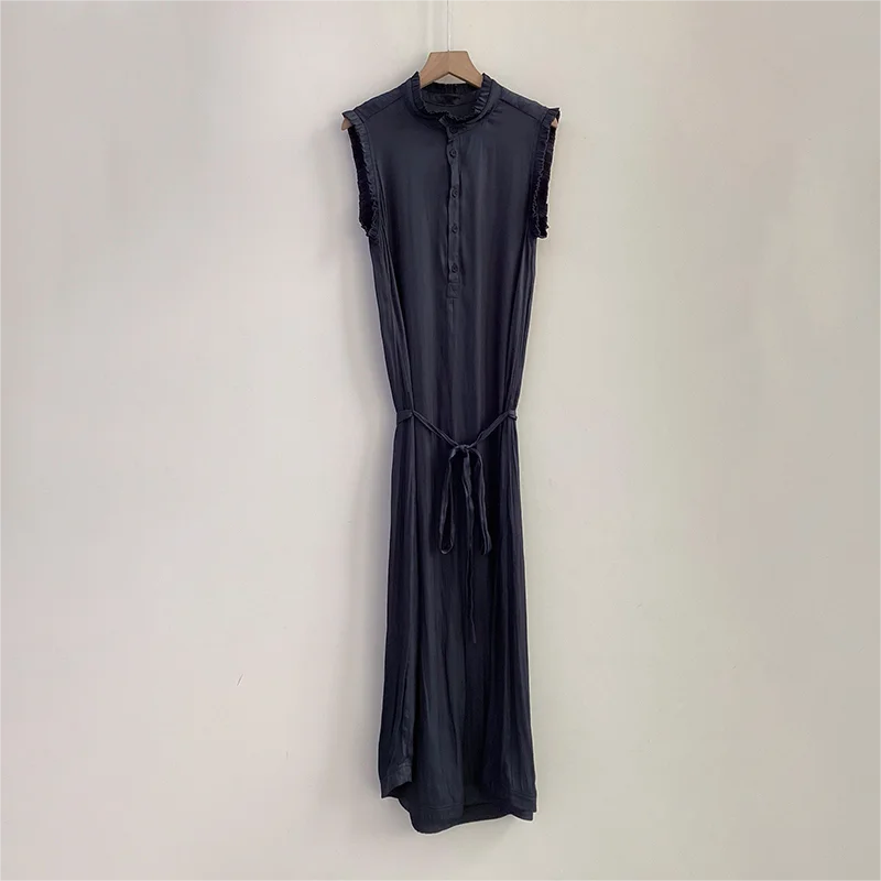 Zadig Women Casual Dress Crew Neck Navy Blue Summer Long Robes Female Vintage Sleeveless Spring Elegant Ladies Long Dresses