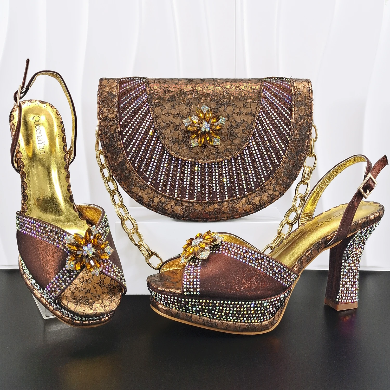 Doershow Italian COFFEE Shoes And Bag Sets For Evening Party With Stones Italian Leather Handbags Match Bags! HM1-1