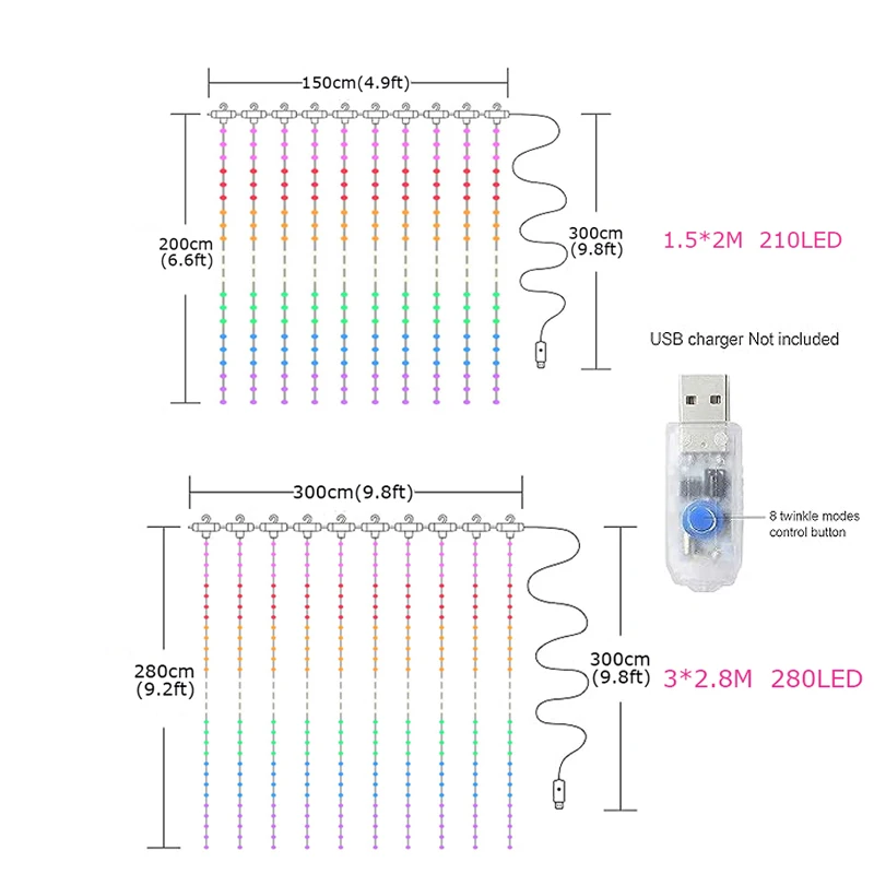 침실 반짝임 무지개 7 색 LED 조명 파티 결혼식을위한 원격 제어 벽 장식과 LED 요정 커튼 라이트