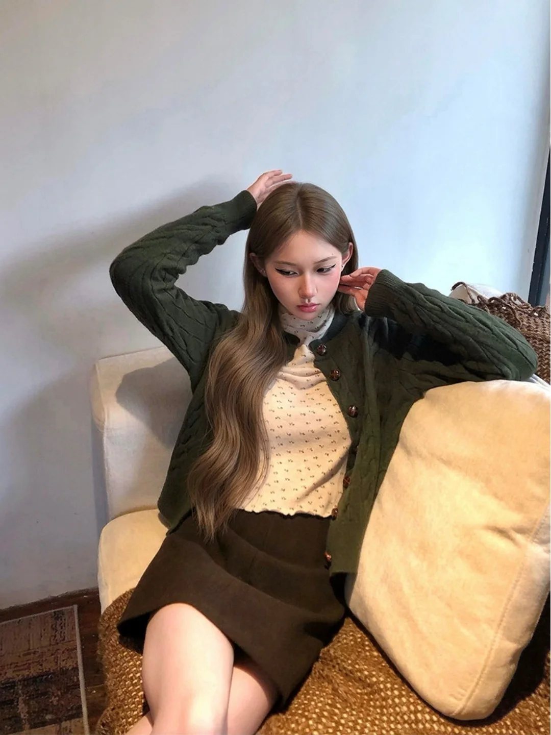 Green Twisted Knit Sweater Coat Casual Style Long Sleeve Short Women's Fashion Autumn Winter New Arrival Warm Knitted Top