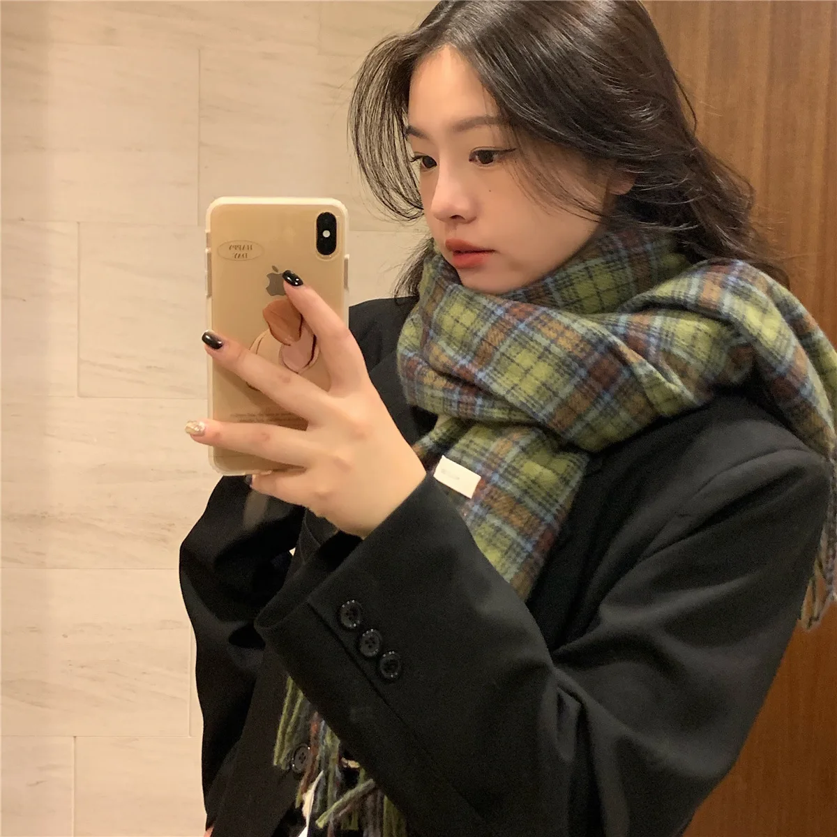 

Korean Style Retro Green Plaid Scarf Soft Imitate Cashmere Shawl Women Winter Fashion Warm Pashmina Neckerchief E936