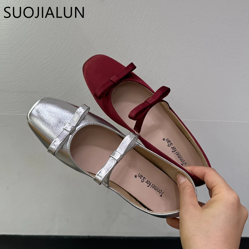 

SUOJIALUN 2025 New Brand Women Flat Shoes Fashion Round Toe Shallow Slip On Bow-knot Ladies Elegant Single Shoes Soft Heel Boat