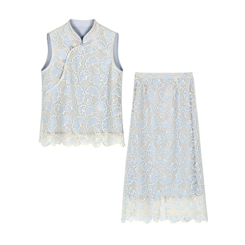 

New Chinese style embroidered vest half skirt two-piece set with ginkgo leaf stand collar and slanted collar sleeveless set