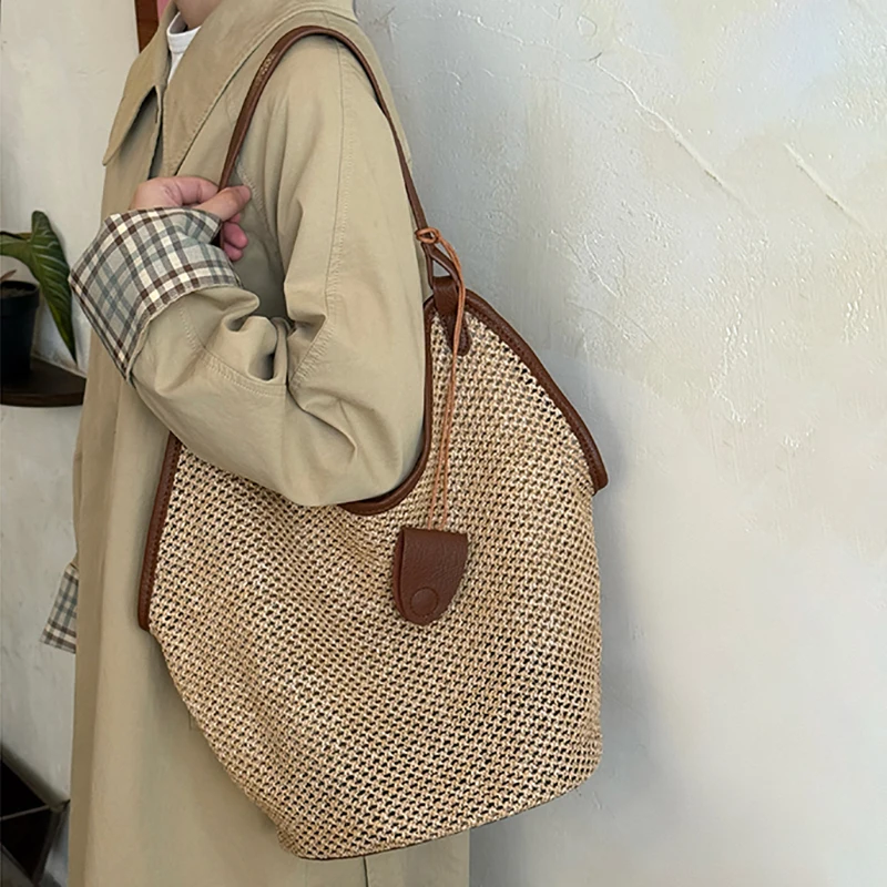 

Large Capacity Woven Straw Bags Ladies Summer Single Shoulder Bag With Small Inner Bag Casual Seaside Holiday Style Beach Bag