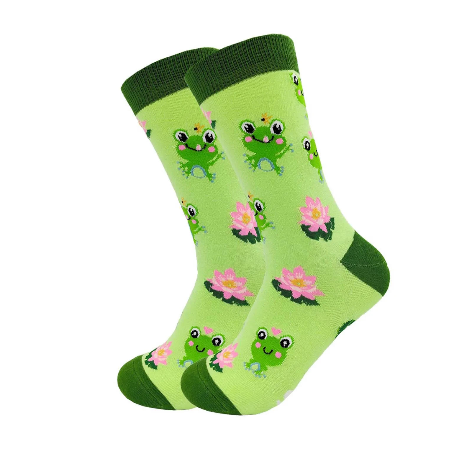 

Cartoon Frog Pattern Crew Socks for Men and Women,lotus Print Print Breathable Soft Mid Calf Socks for Casual Daily