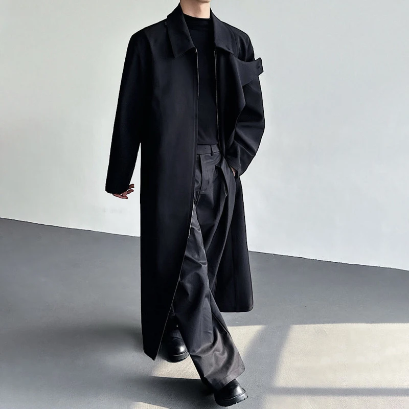 LUZHEN 2026 New Original Solid Color Cross Placket Knee-length Windbreaker Coat Men's Fashion Elegant Temperament Trench JY6770