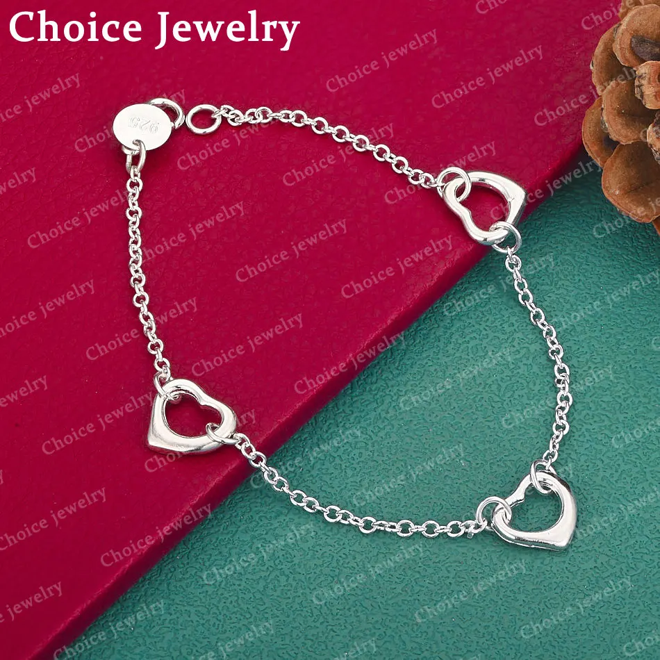 

925 Sterling Silver Three Hearts Bracelets For Woman Wedding Engagement Birthday Party Gift Fashion Charms Jewelry