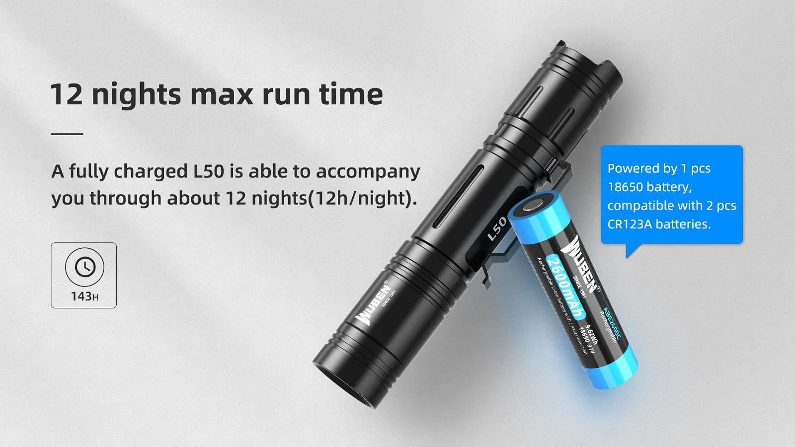 WUBEN L50 EDC-Taschenlampe, 1200 Lumen, wiederaufladbar, tragbar, wasserdicht, Taschenlampe mit 18650-Akku, für Outdoor-Camping, Jagdlicht – Detail 5