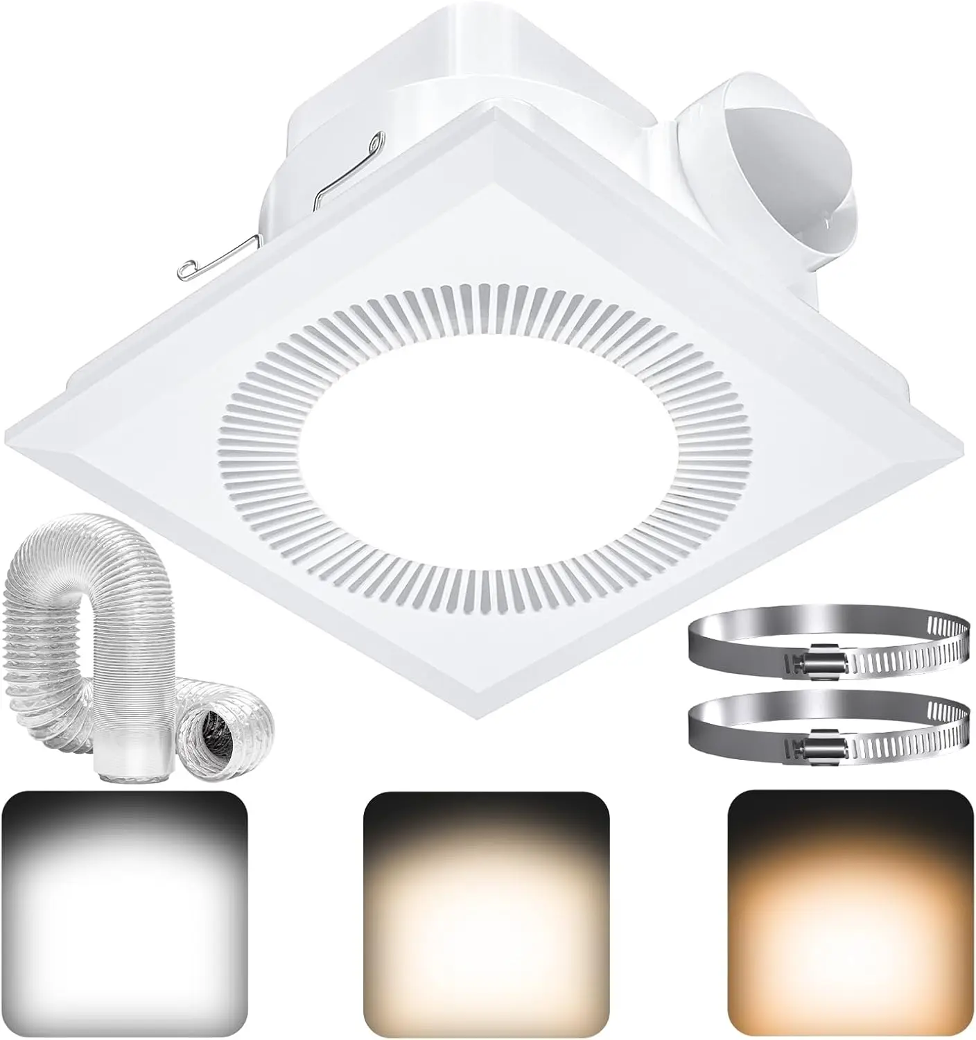 

Quiet Square Bathroom Exhaust Fan with Adjustable LED Light, 110 CFM, 1.0 Sones for Home or Hotel Use