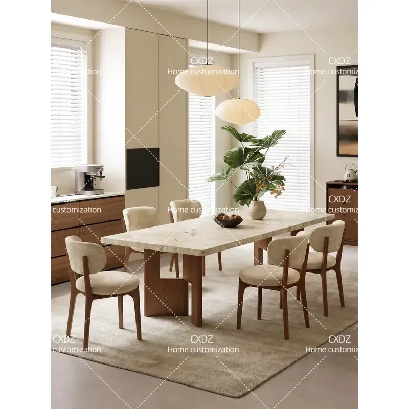 Medium Antique Rectangular Slate Dining Table Solid Wood Base Retro Rock Slab Medieval Cave Stone Design for Home Kitchen