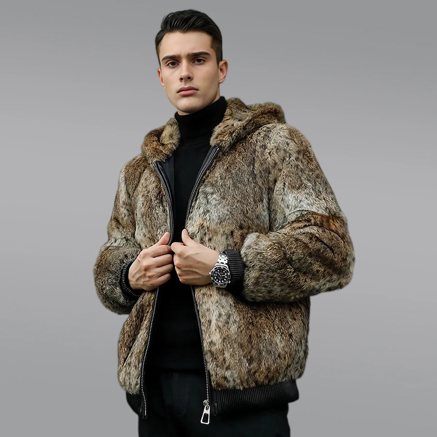 Płaszcze z futra królika Chichilla Rex, męskie płaszcze z futra królika z kołnierzem, futrzana kurtka, popularna kurtka z prawdziwego futra zapinana na zamek.