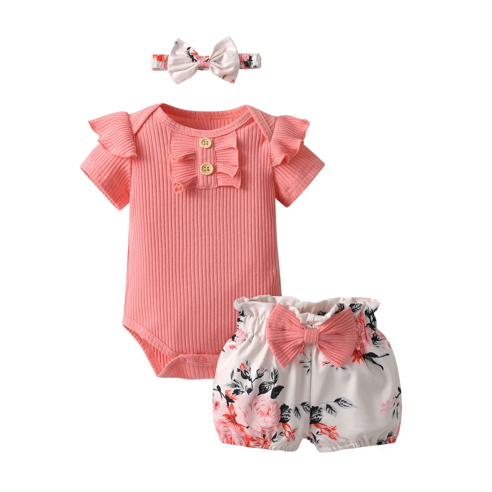 3pcs Newborn Infant Baby Girl Clothes Set Knitted Short Sleeve Romper Top with Letters + Floral Short Pants with Headband Outfit