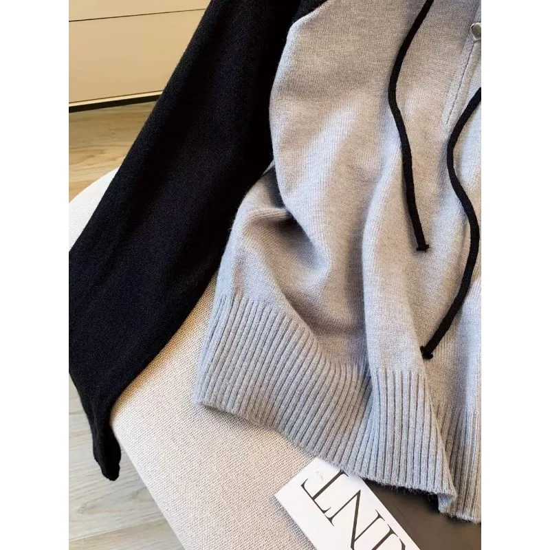 Korean Contrasting Color Embroidered Drawstring Hooded Sweater for Women Autumn and Winter Casual Versatile Pullover Sweater Top