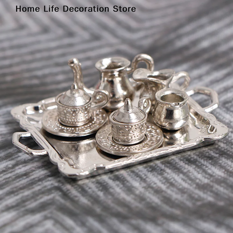 【TG】10Pcs 1/12 Dollhouse Miniature Silver Metal Tea Coffee Tray Tableware Set Mini Doll House Decoration