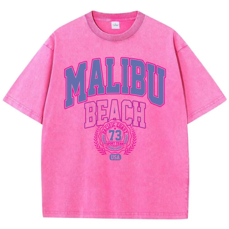 

Vintage Woman Acid Wash T-Shirts Malibu Beach Pacific Coast Sport Team Prints Tops Crewneck Cotton Oversize Tees Fashion Clothes