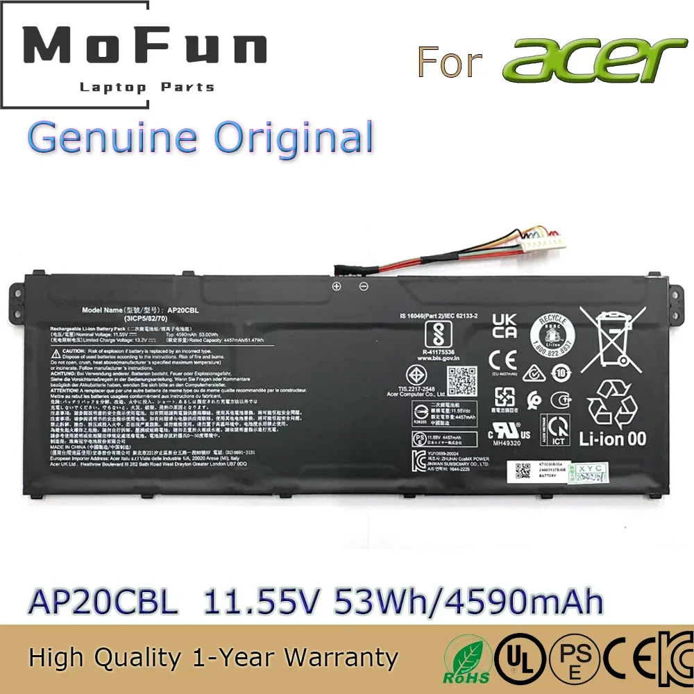 Совершенно новый оригинальный аккумулятор для ноутбука AP20CBL 11,55 В 53 Втч для Acer Aspire 5 A515-45 Swift SF314 R5-5500U Chromebook 512 C852 514 и т. д.