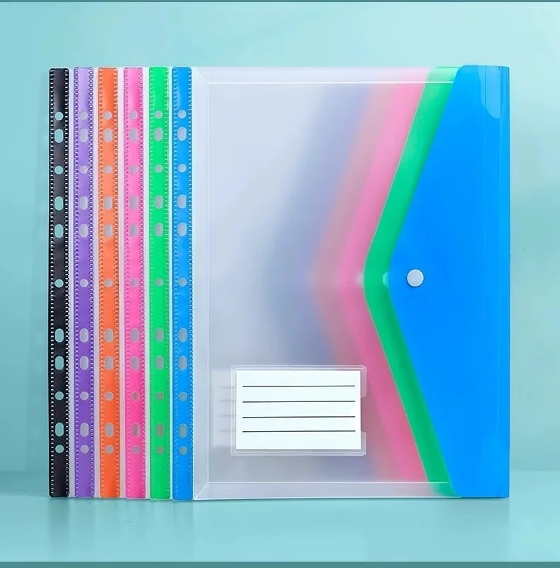 6 Pack A4 Plastic Punched Pocket Folders, 11 Holes Self-Adhesive Closure, Fits 2/3/4 Ring Binders, School Office Use