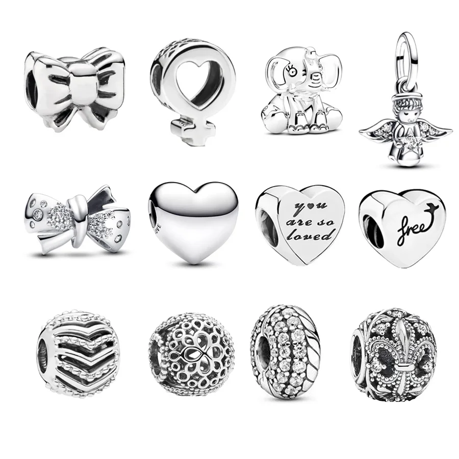 New Arrivals Sparkling Bow，Angel，Engravable Heart Charm Bead Fit Original 925 Sterling Silver Pandora Bracelet DIY Jewelry Gift