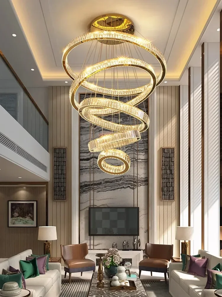 

Modern Gold Ring Lustre Crystal Led Chandelier Dimmable Living Room Duplex Villa Pendant Lights Lighting Stairs Lamps Fixtures