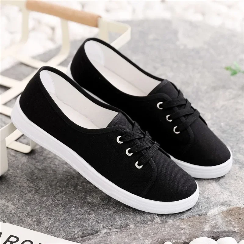 New Summer Women Shoes Canvas Versatile Flat Sneakers Ladies Tenis Casual Low Upper Lace Up Slip on White Black Laofers