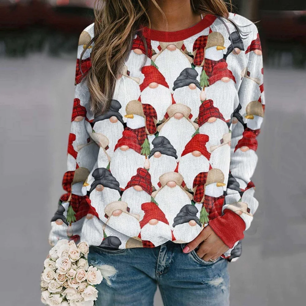 المرأة ثلاثية الأبعاد طباعة بلوزات عيد الميلاد ثلج البلوز سانتا كلوز عادية Crewneck هوديي Y2k الشارع بلوفر أنيق القمم