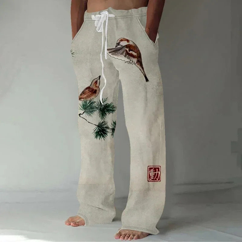 

Men's Japanese Art Crane Print Loose Pants, Cat and Bird on Branch Harajuku Wide Leg Streetwear Trousers