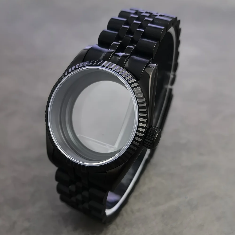 Cassa per orologio in acciaio inossidabile lucido da 36 mm per movimento NH35/NH36, vetro per orologio in cristallo di zaffiro da 28,5 mm e accessori per quadrante