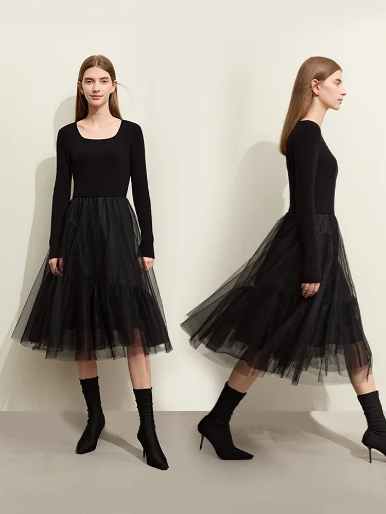 Amii minimalista vestido feminino 2025 primavera novo francês vintage gola quadrada retalhos malha falso duas a linha vestidos femininos 12324040