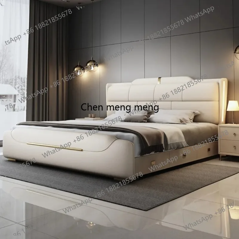 

180x200cm Italian light luxury double storage bed layer cowhide three drawers Carbon steel leg camas de casal bedroom furniture