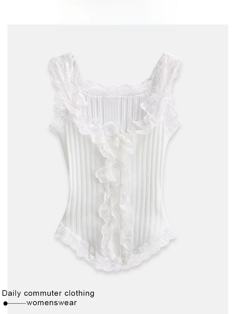 White Lace Trim Halter Vest Women Summer Outerwear Asymmetrical Waist Cinch Slimming Pure Desire Top Coshehkg