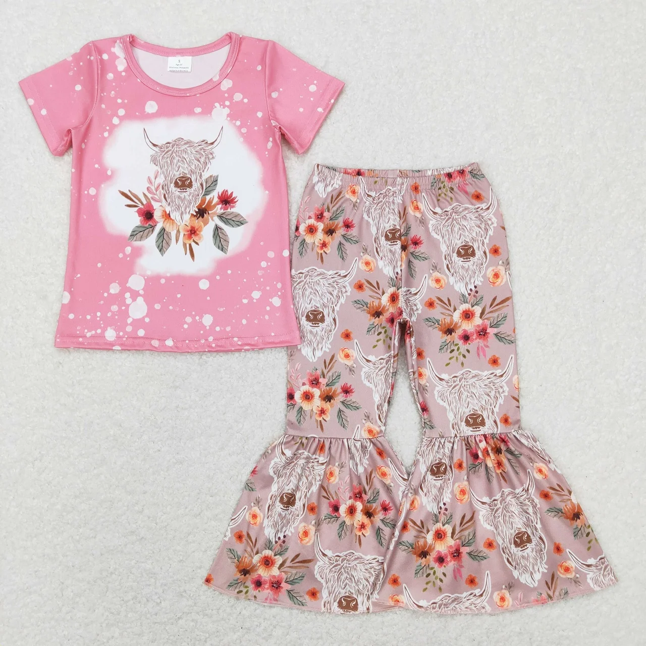 

Wholesale Infant Children Western Sets Baby Girls Toddler Pink Short Sleeves Cow Shirts Kids Floral Bell Pants Infant Outfit