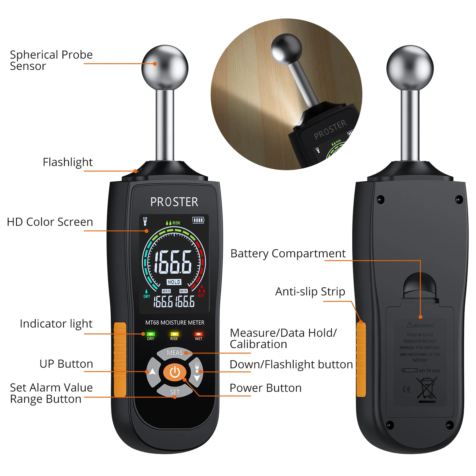 Proster Moisture Meter With Color LCD Alarm Function Hold Function Moisture Meter For Wall Wood Masonry Concrete Plaster