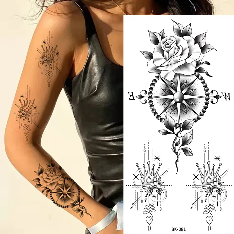 Black Flower Tattoo Sketch Tattoo Sticker Rose Blossom Tattoo Temporary Waterproof Fake Tattoo For Woman Art Tatoo