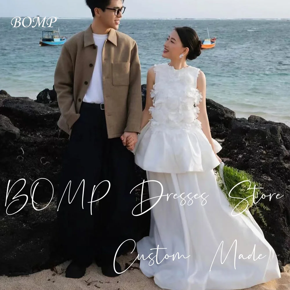 BOMP فستان زفاف أنيق ثلاثي الأبعاد على شكل زهور رقبة دائرية بطول الأرض من الساتان الأبيض كوريا تبادل لاطلاق النار فستان استقبال الزفاف حسب الطلب