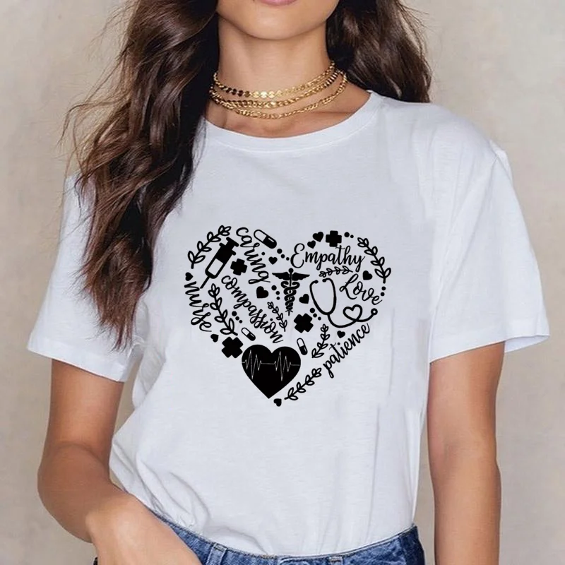 Women's Fashion Heart Nurse Pattern Printed T-Shirt Nurse Heart T-Shirt Summer Women's