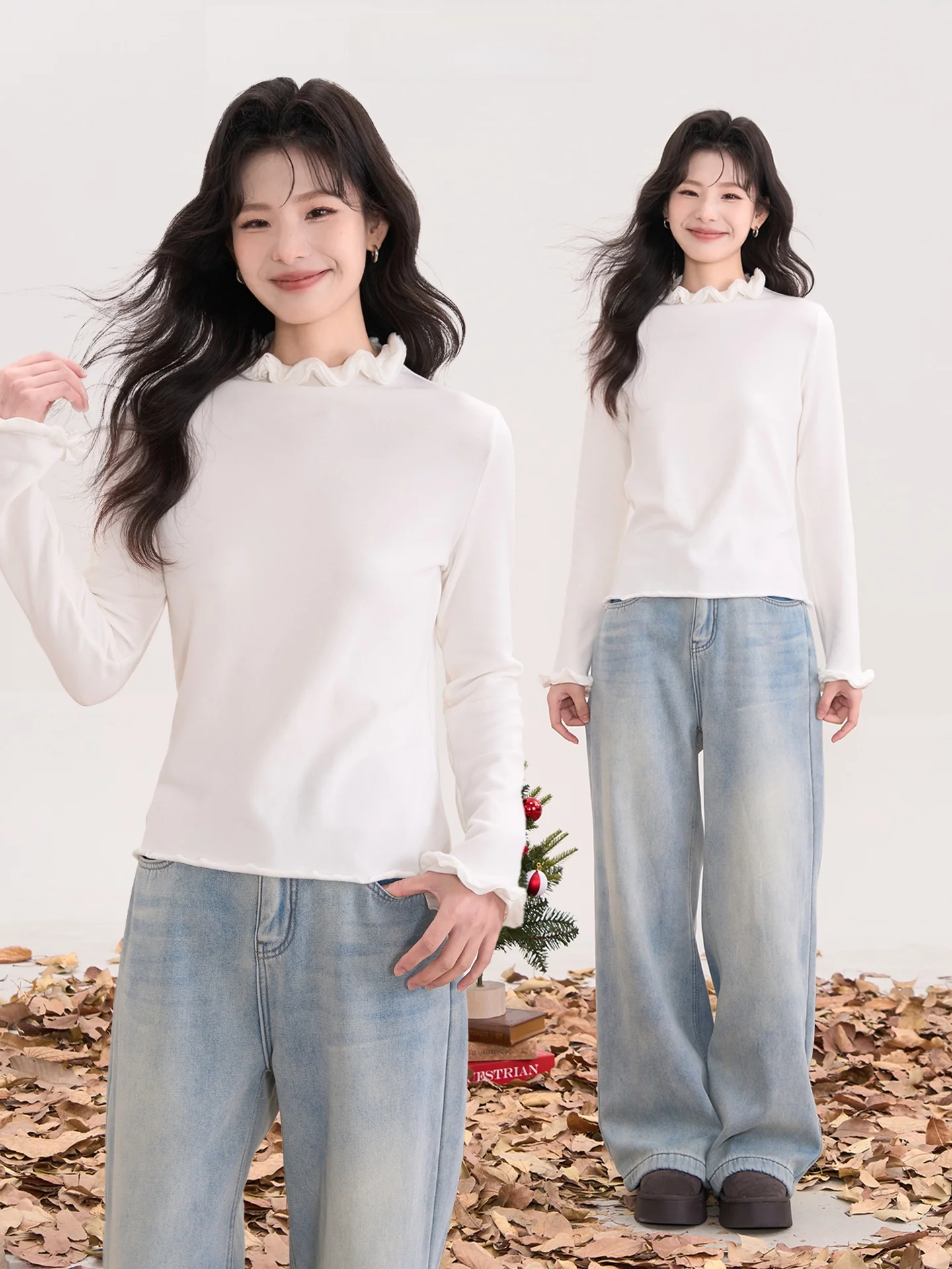 

Floral Field Window Heme Jasmine Milk Jelly Korean Sle Ruffle Bot irt T-irt Women Spring Slim Long Sve Top