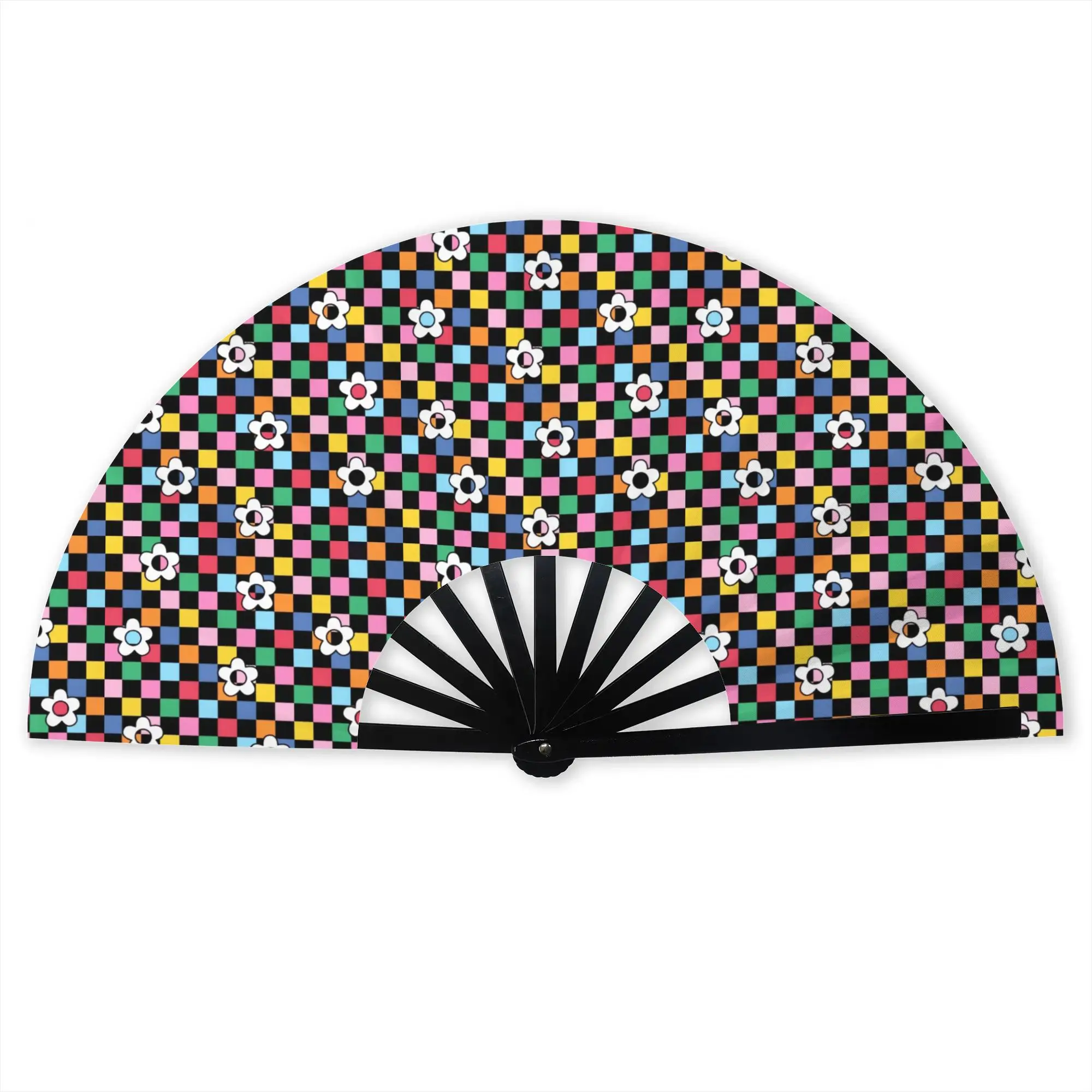 Checkered Plaid Daisy Flowers  Folding Hand Fan  Flowers Rainbow  Polyester Fabric Fan Funny Summer Accessory Decorative Fans