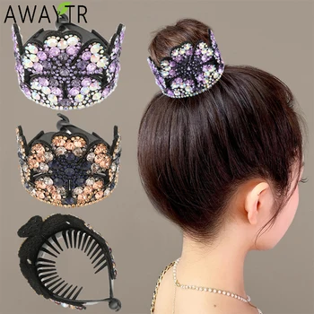 AWAYTR ריינסטון כתר שיער טפרים לנשים פרח Bun שיער קליפ סרטן בננה קליפים תסרוקת גבוהה קוקו מכבנת שיער אבזרים