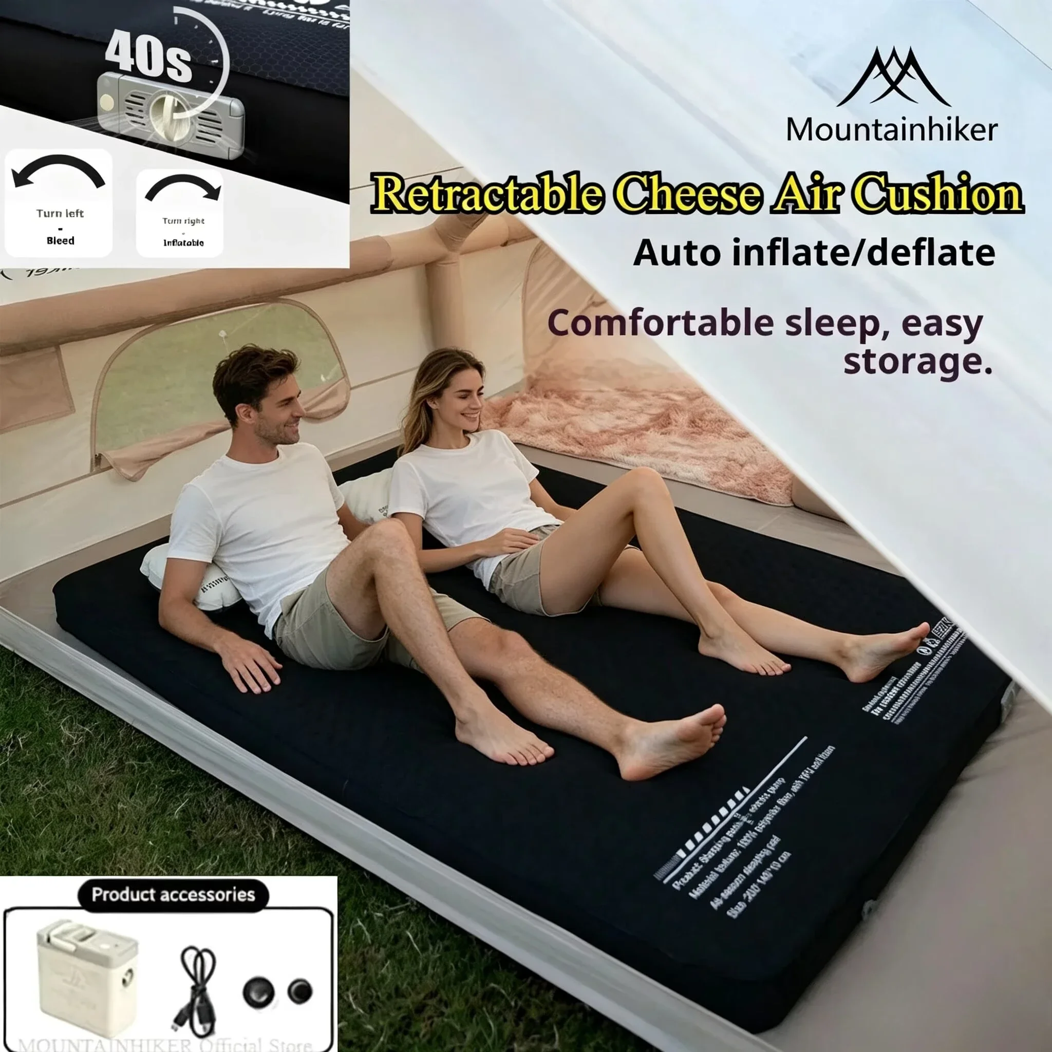 Materasso Gonfiabile Retrattile da Esterno con Cuscino d'Aria in Schiuma Spessa 10CM e Pompa ad Aria per Gonfiaggio/Sgonfiaggio Automatico