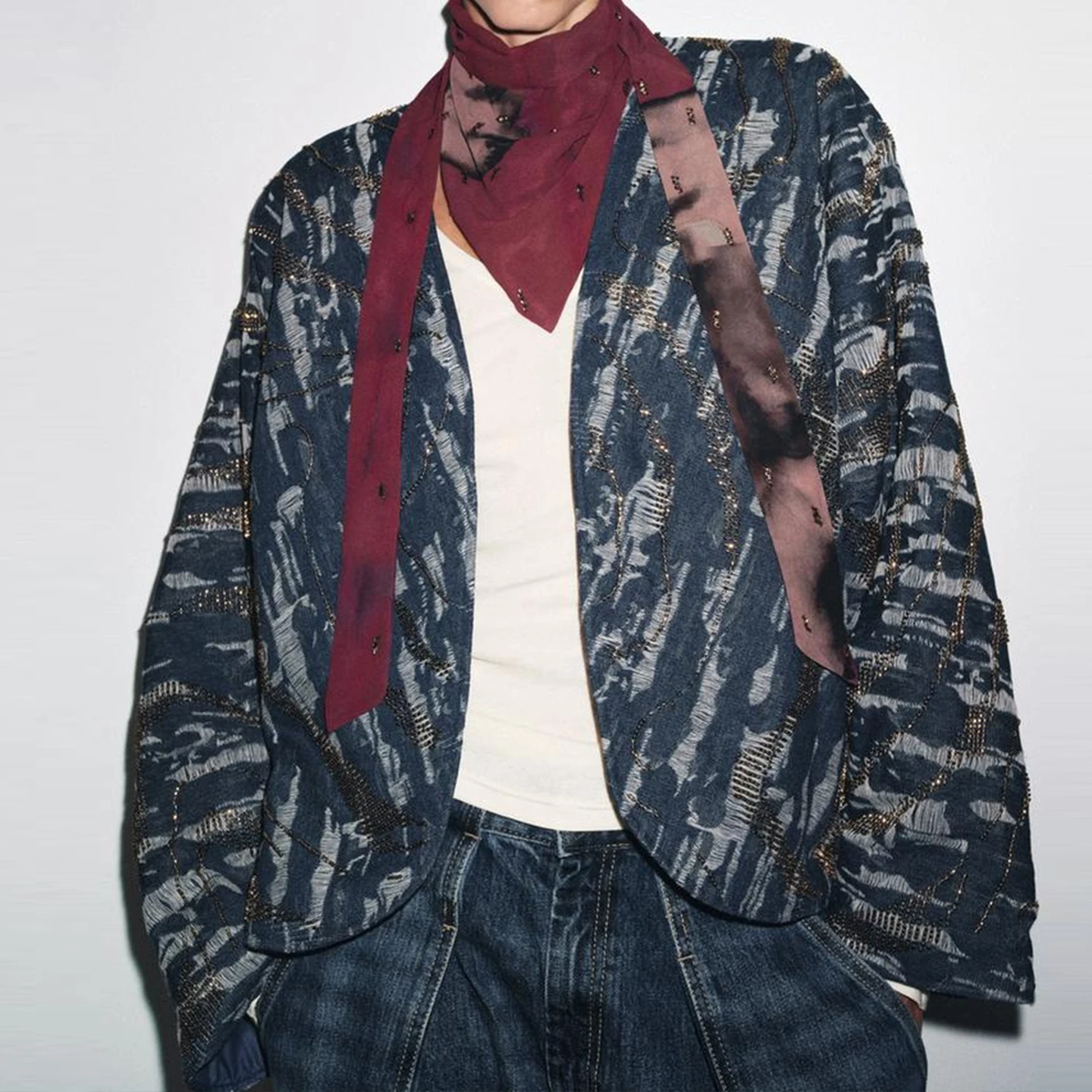 Faionable Beaded Denim Effect Cotton Kimono Sle Jaet Women's ort Outerwear Stand Fit European Sle Long Sve