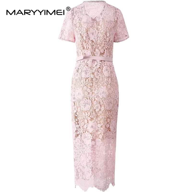 MARYYIMEI Chic Lace Hollow Out Summer Dress Short-Sleeved Single-Breasted Lace-Up Beading New Fashion S-3XL Long Dresses