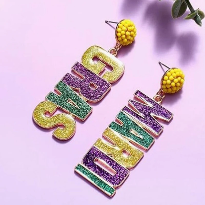 Dvacaman Colorful Dripping Oil Mardi Gras Letter Dangle Earrings,Festival Holiday Party Women Accessories