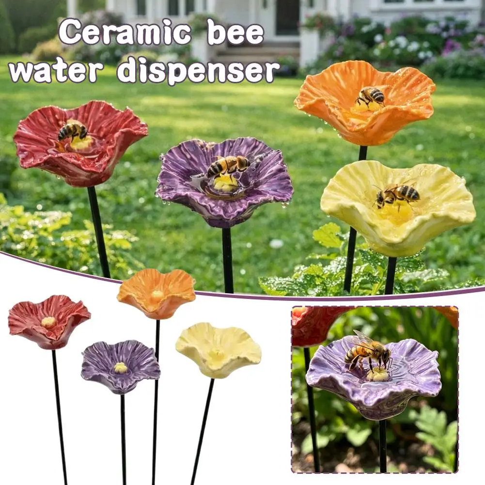 Keramik-Blumen-Bienen-Wasserspender, Garten-Bewässerungsstation für den Außenbereich, Dekorative Bestäuber- und Vogelbad-Dekoration