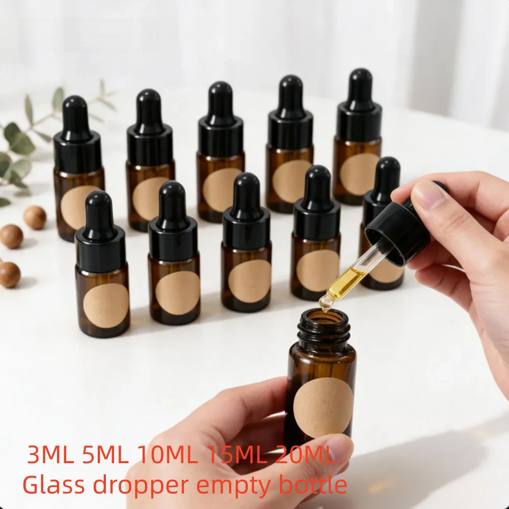 2 10 Pcs 2ml 3ml 10ml 15ml 20ml Amber Glass Dropper Bottle Light Proof with Labels for Essential Oil Perfume Travel