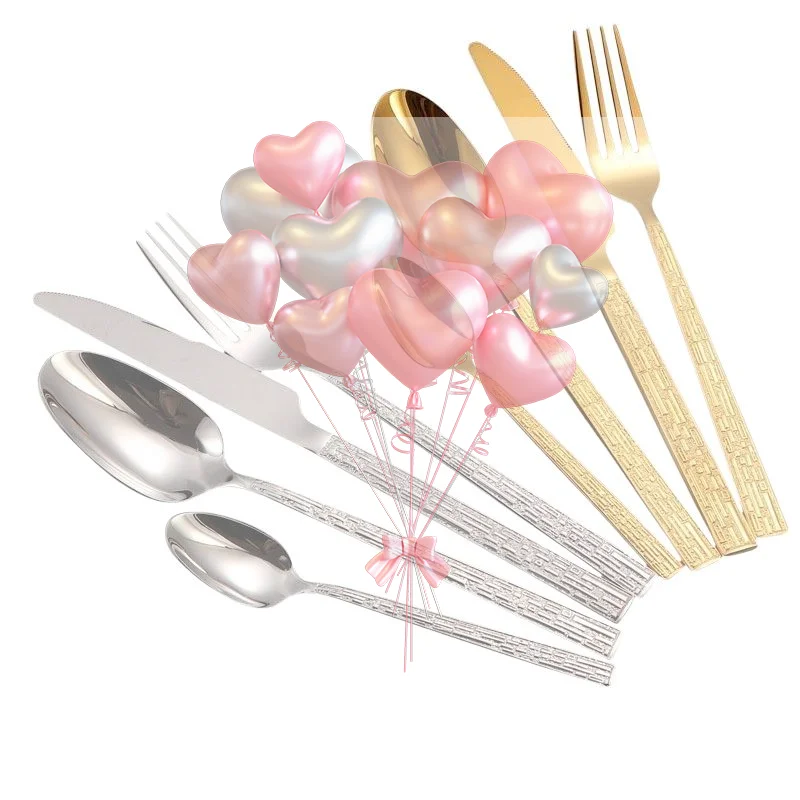 Decorative Embossed Stainless Steel Cutlery Set Textured Anti-slip Handles Knife Fork Spoon for Home Dinner